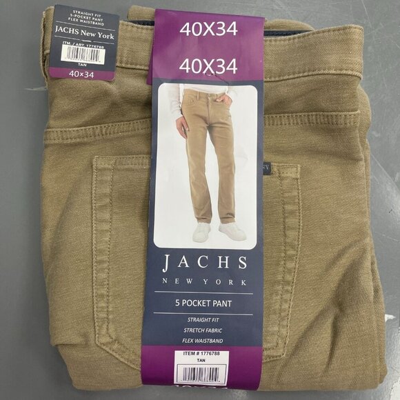 NEW Jachs New York Men's 40x34 Straight Fit 5-Pocket Chino Pants Tan - Picture 2 of 9